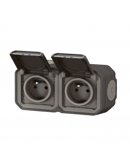 Double prise de courant horizontale avec volet Plexo complet saillie -anthracite LEGRAND 070064