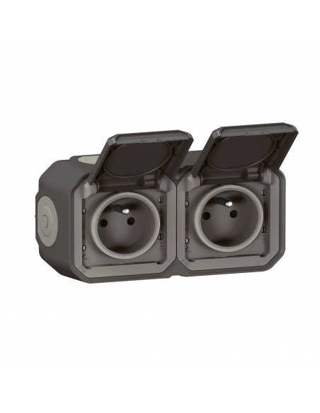 Double prise de courant horizontale avec volet Plexo complet saillie -anthracite LEGRAND 070064