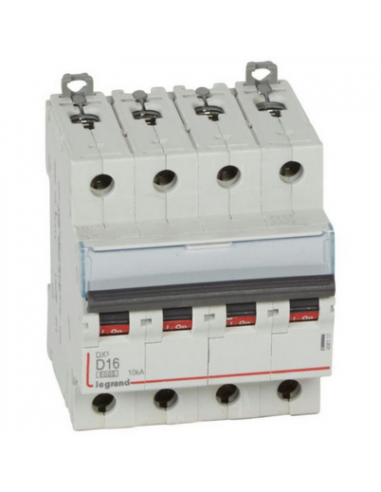 Disjoncteur DX³6000 10kA arrivée haute et départ bas à vis 4 Pôles 400V 16A courbe D pour peigne HX³ traditionnel LEGRAND 408117