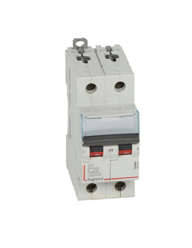 Disjoncteur DX³6000 10kA arrivée haute et départ bas à vis 2 Pôles de 230V à 400V 20A courbe C 2 modules LEGRAND 407785