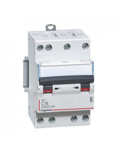 Disjoncteur DX³4500 6kA arrivée haute et sortie basse par borne à vis tétrapolaire 400V 16A courbe C 3 modules LEGRAND 406910