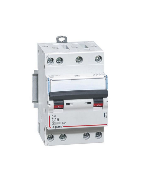 Disjoncteur DX³4500 6kA arrivée haute et sortie basse par borne à vis tétrapolaire 400V 16A courbe C 3 modules LEGRAND 406910