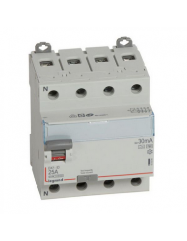 Interrupteur Différentiel DX³-ID Vis/Vis 4 Pôles 400V~25A Type HPI 30mA 4 Modules LEGRAND 411694
