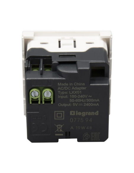 Alimentation USB 230 V / 5 V 2 ports 2 modules blanc LEGRAND Mosaic 077594
