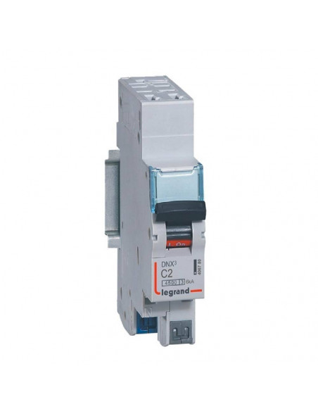 Disjoncteur Phase+Neutre DNX³4500 6kA arrivée et sortie borne automatique 1P+N 230V~ 2A courbe C 1 module LEGRAND 406780