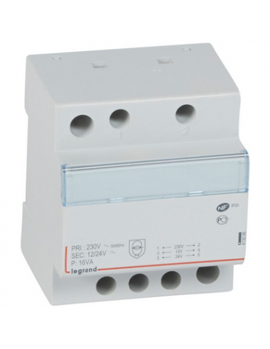 Transformateur de sécurité 230V vers 12V ou 24V - 16VA 4 modules LEGRAND 413095