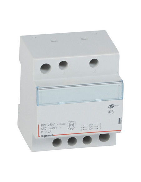 Transformateur de sécurité 230V vers 12V ou 24V - 16VA 4 modules LEGRAND 413095