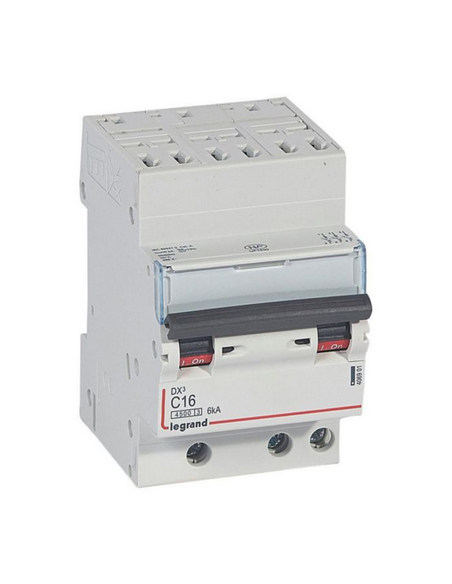Disjoncteur DX³4500 6kA sortie basse par bornes à vis tripolaire 400V 16A courbe C 3 modules LEGRAND 406901