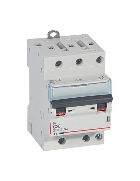 Disjoncteur DX³4500 6kA arrivée haute et sortie basse par borne à vis tripolaire 400V 20A courbe C 3 modules LEGRAND 406893