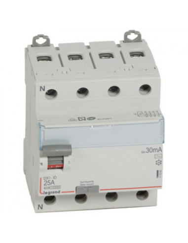 Interrupteur différentiel DX³-ID arrivée haute et départ bas à vis 4 Pôles 400V~ 25A type AC 30mA 4 modules LEGRAND 411660