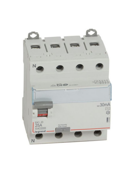 Interrupteur différentiel DX³-ID arrivée haute et départ bas à vis 4 Pôles 400V~ 25A type AC 30mA 4 modules LEGRAND 411660