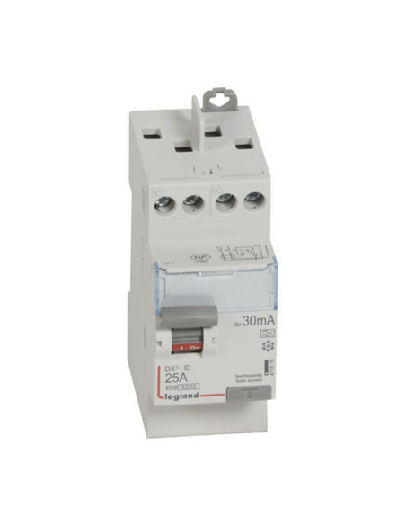 Interrupteur différentiel DX³-ID arrivée haute et départ haut à vis 2 Pôles 230V 25A type A 30mA 2 modules LEGRAND 411616