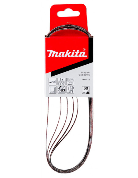 5 Bandes abrasives 6x533 mm pour bois métal (qualité supérieure) Grain 60 MAKITA P-43197