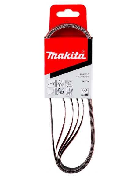 5 Bandes abrasives 13x533 mm pour bois métal (qualité standard) 13X533mm Grain 60 MAKITA P-43337