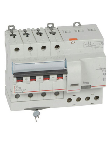 Disjoncteur différentiel monobloc DX³6000 10kA arrivée haute et départ bas à vis 4 Pôles 400V~ 50A type AC 30mA LEGRAND 411191
