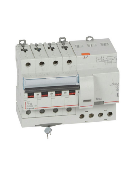 Disjoncteur différentiel monobloc DX³6000 10kA arrivée haute et départ bas à vis 4 Pôles 400V~ 50A type AC 30mA LEGRAND 411191