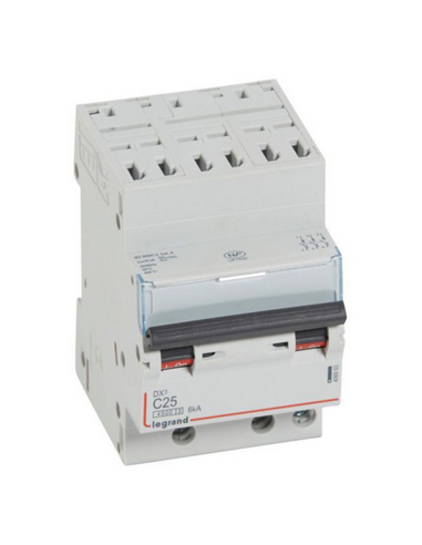 Disjoncteur DX³4500 6kA arrivée haute et sortie basse bornes à vis tripolaire 400V~ 25A courbe C 3 modules LEGRAND 406903