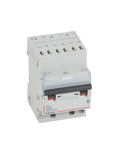 Disjoncteur DX³4500 6kA arrivée haute et sortie basse bornes à vis tripolaire 400V~ 25A courbe C 3 modules LEGRAND 406903