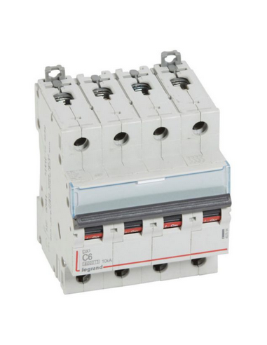 Disjoncteur DX³6000 arrivée haute et départ bas à vis 4 Pôles 400V~ 6A courbe C pour peigne HX³ traditionnel LEGRAND 407894