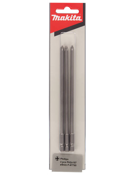 3 Embouts longs 157 mm PHILLIPS (Ph2) Ø 5 mm Hexa 1/4'' MAKITA P-67795