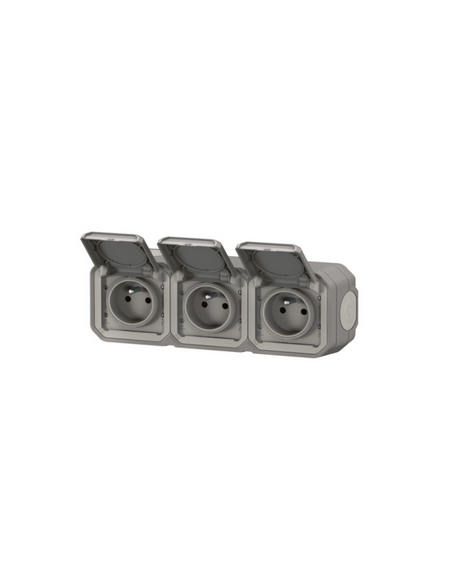 Triple prise de courant horizontale avec volet Plexo complet saillie gris LEGRAND 070014