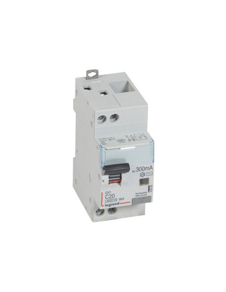 Disjoncteur différentiel DX³4500 arrivée haute départ bas à vis U+N 230V~ 20A type AC 300mA courbe C 2 modules LEGRAND 410726