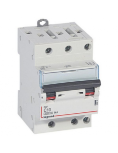 Disjoncteur DX³4500 6kA arrivée haute et sortie basse par borne à vis tripolaire 400V~ 10A courbe C 3 modules LEGRAND 406890