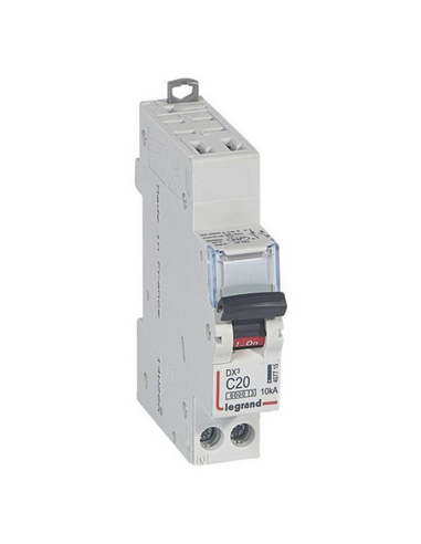 Disjoncteur DX³6000 10kA arrivée haute automatique et départ bas à vis U+N 230V 20A courbe C 1 module LEGRAND 407715