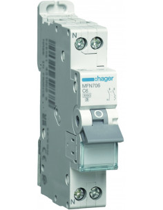 Disjoncteur 1P+N 3kA C-6A 1 Module HAGER MFN706 2