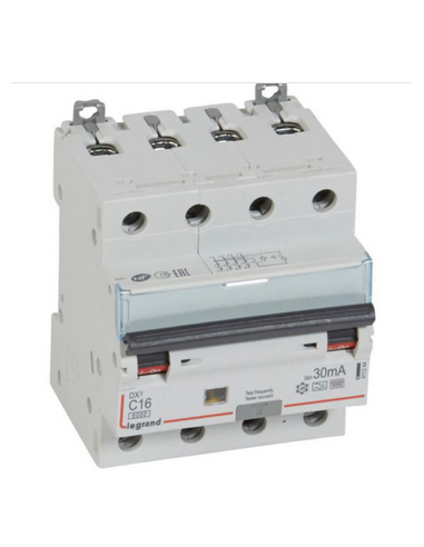 Disjoncteur différentiel monobloc DX³6000 10kA arrivée haute et départ bas à vis 4 Pôles 400V~ 16A type F 30mA LEGRAND 411244