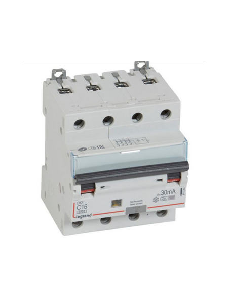 Disjoncteur différentiel monobloc DX³6000 10kA arrivée haute et départ bas à vis 4 Pôles 400V~ 16A type F 30mA LEGRAND 411244