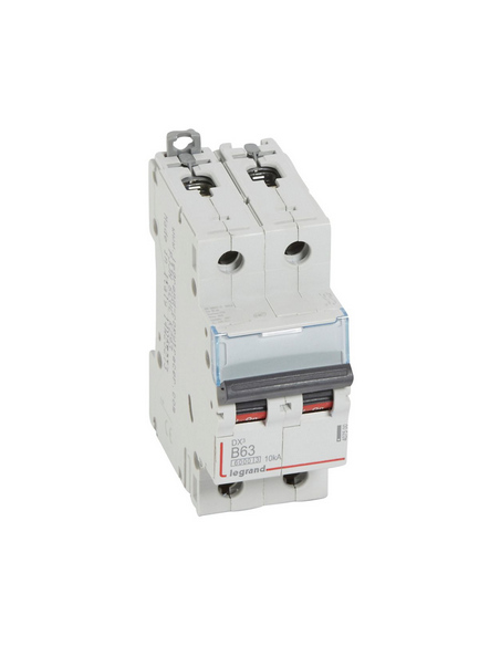 Disjoncteur DX³6000 10kA arrivée haute et départ bas à vis 2 Pôles 230V à 400V 63A courbe B 2 modules  LEGRAND 407500