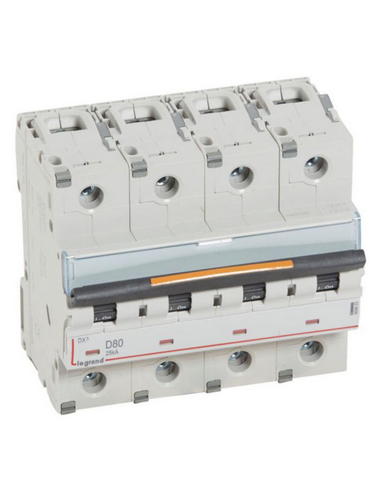 Disjoncteur DX³ 25kA arrivée haute et départ bas à vis 4 Pôles 400V~ 80A courbe D 6 modules LEGRAND 409853