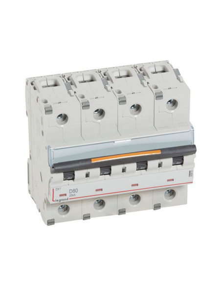 Disjoncteur DX³ 25kA arrivée haute et départ bas à vis 4 Pôles 400V~ 80A courbe D 6 modules LEGRAND 409853