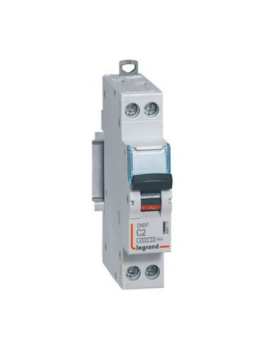 Disjoncteur Phase+Neutre DNX³4500 6kA arrivée et sortie borne à vis 1P+N 230V 2A courbe C 1 module LEGRAND 406771