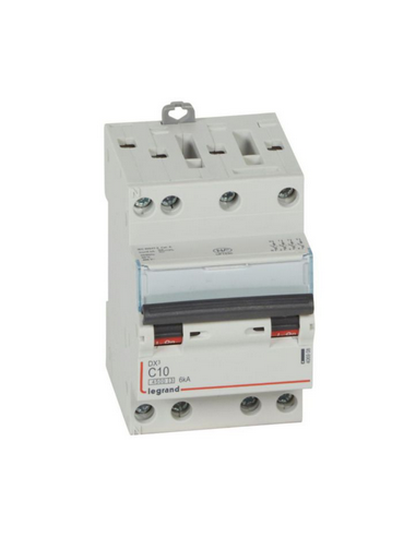 Disjoncteur DX³4500 6kA arrivée haute et sortie basse par borne à vis tétrapolaire 400V~ 10A courbe C 3 modules LEGRAND 406908