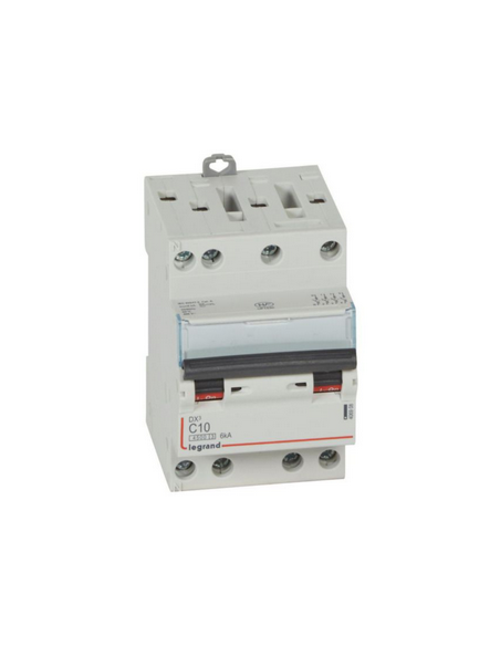Disjoncteur DX³4500 6kA arrivée haute et sortie basse par borne à vis tétrapolaire 400V~ 10A courbe C 3 modules LEGRAND 406908