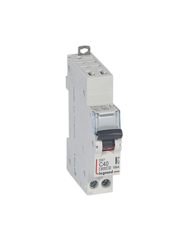 Disjoncteur DX³6000 10kA arrivée haute automatique et départ bas à vis U+N 230V~ 40A courbe C 1 module LEGRAND 407718