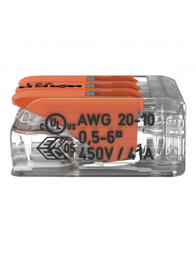 Boite de 30 Bornes 221 3x6mm2 à levier WAGO 221-613