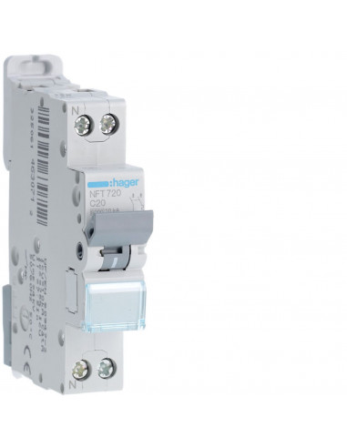 Disjoncteur 1P+N 6-10kA courbe C 20A 1 module HAGER NFT720