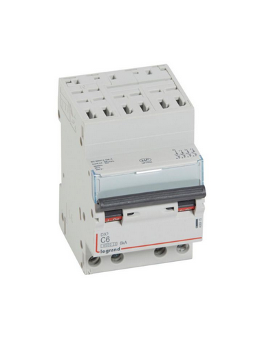 Disjoncteur DX³4500 6kA arrivée haute borne auto sortie basse à vis tétrapolaire 400V~ 6A courbe C 3 modules LEGRAND 406915
