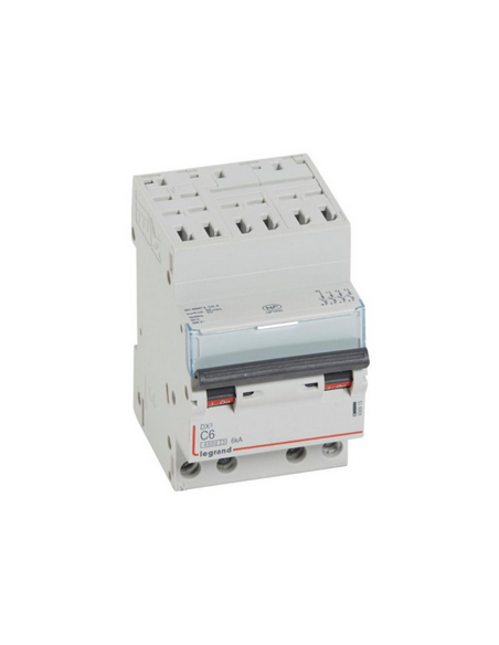 Disjoncteur DX³4500 6kA arrivée haute borne auto sortie basse à vis tétrapolaire 400V~ 6A courbe C 3 modules LEGRAND 406915
