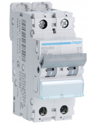 Disjoncteur 2 Pôles 10kA courbe C 63A 2 modules HAGER NFN263