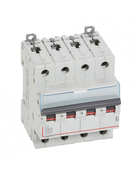 Disjoncteur DX³6000 arrivée haute et départ bas à vis 4 Pôles 400V 63A courbe D pour peigne HX³ traditionnel LEGRAND 408123