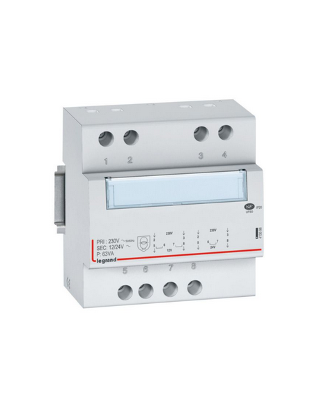 Transformateur de sécurité 230V vers 12V ou 24V 63VA 5 modules LEGRAND 413098