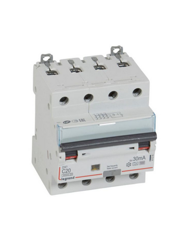 Disjoncteur différentiel monobloc DX³6000 10kA à vis 4 Pôles 400V 20A type F 30mA Courbe C 4 Modules LEGRAND 411245