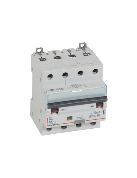 Disjoncteur différentiel monobloc DX³6000 10kA à vis 4 Pôles 400V 20A type F 30mA Courbe C 4 Modules LEGRAND 411245