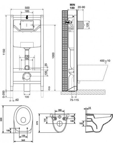 Pack WC suspendu universel complet avec cuvette et plaque de commande PACK501513509