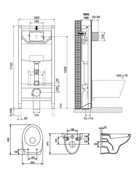 Pack WC suspendu universel complet avec cuvette et plaque de commande PACK501513509