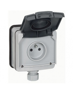 Prise de courant étanche 2P+T avec volet Plexo IP66 complet 16A 250V~ grise LEGRAND 090466